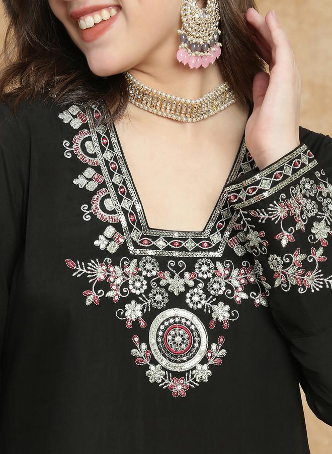 globus Women Black Sequin Zari Embroidered Kurta with Pant Set - Image 3